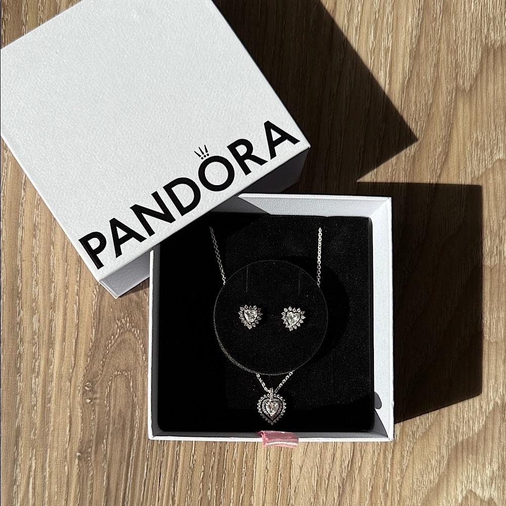 Pandora Silver Heart Shaped Jewelry Set- Necklace & Earrings